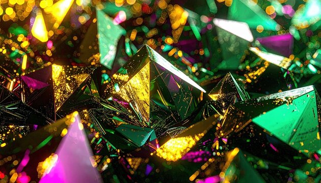 Cristalli piramidali metallici e bismuto sfaccettato con riflessi oro e iridiscenti