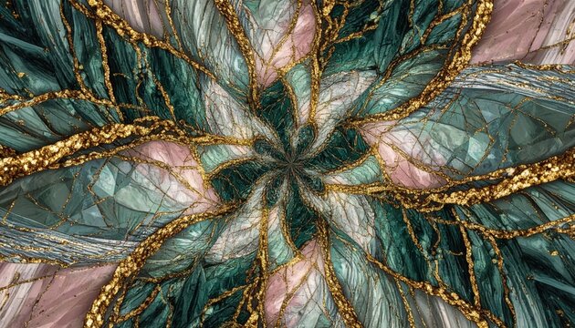Texture astratta kintsugi con venature dorate e frattali di giada verde