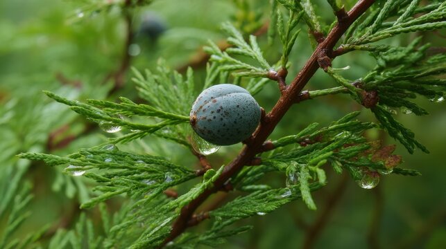 Juniper berry on branch with raindrops in lush greenery