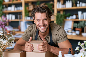 Fototapeta premium Smiling man holds a package with pride. He wears an apron, seated at a tidy counter. Shelves hold neatly arranged items. Bright light enhances the cheerful mood