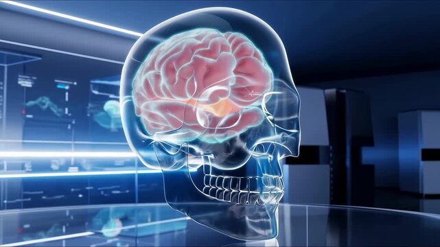 Transparent human skull with visible brain rotates from frontal view toward right profile inside illuminated laboratory setting with blue light, reflective surfaces, and digital displays