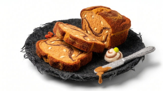 Slices of pumpkin bread with cream on a black plate  