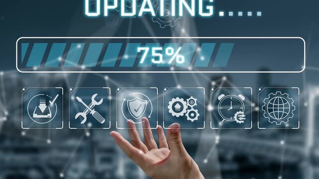Hand Reaching Out to Digital Interface Showing Updating Progress with Icons Representing Technology, Security, and Infrastructure in a Modern Environment Sigmoid