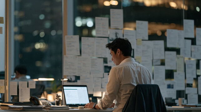 A software developer prepares quantum computing access materials the night before a major cloud session, rain visible through the window of a desolate office building, a crowd of