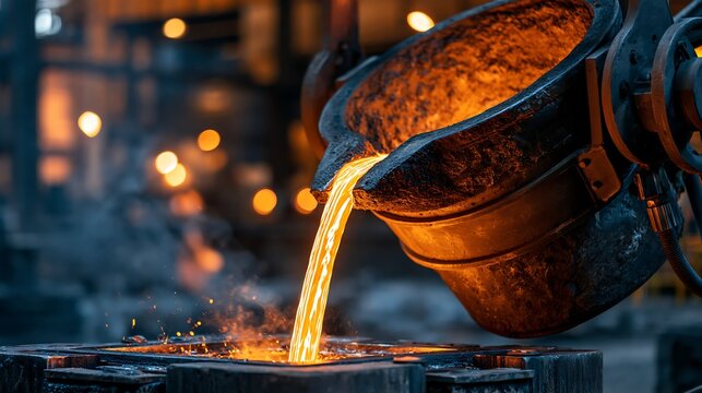Molten liquid metal pouring from industrial ladle into casting mold in heavy steel foundry.