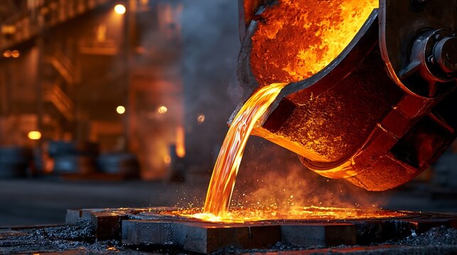 Molten metal pouring from foundry ladle into mold with glowing sparks in steel factory.