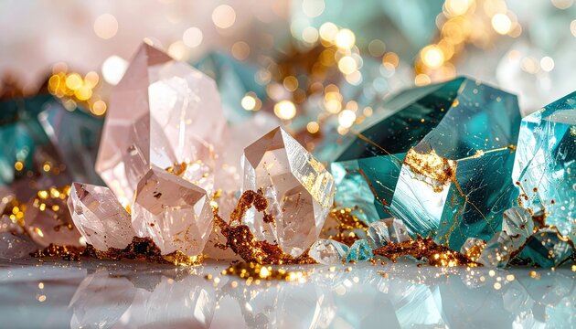 Geode di quarzo rosa, giada verde e smeraldo con inserti e dettagli in oro