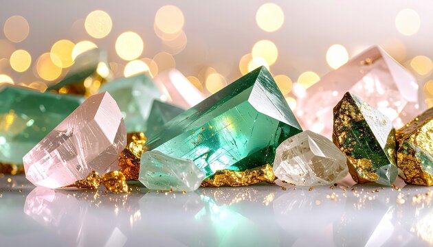 Geode di quarzo rosa, giada verde e smeraldo con inserti e dettagli in oro