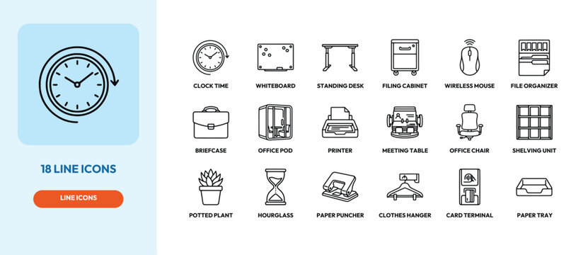 Set of 18 simple line icons for office furniture equipment and business workspace tools