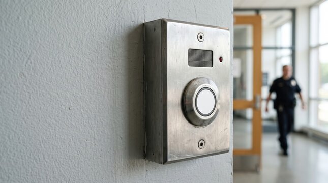 Police station intercom button mounted on concrete wall. Industrial police station intercom button controls secure access entry.