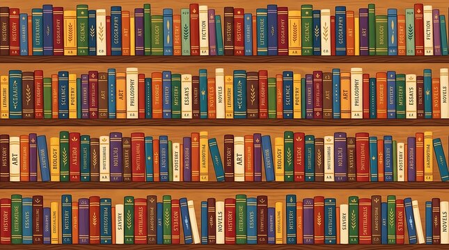 Bookshelf library background with colorful spines and categorical labels for academic literature education and bookstore interior decoration.