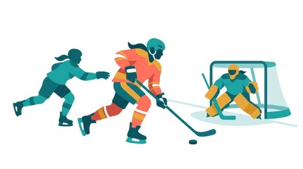 Fototapeta premium Two female athletes are in a breakaway situation in ice hockey. One is skating towards the goal while another is chasing.