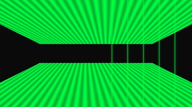 Abstract digital tunnel with glowing green parallel lines on ceiling and floor, creating a futuristic perspective.