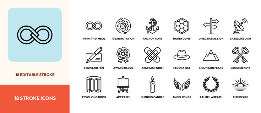 Set of eighteen editable line art vector icons for web and mobile app design projects