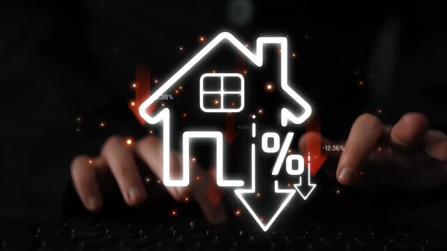 Digital Illustration of Real Estate Market Decline with House Icon and Percentage Symbol Overlaid on Keyboard Imagery Sigmoid