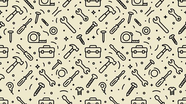 Minimalist work tools seamless pattern vector background with line art icons of hammer, wrench, screwdriver, and toolbox for DIY, repair, and hardware store branding