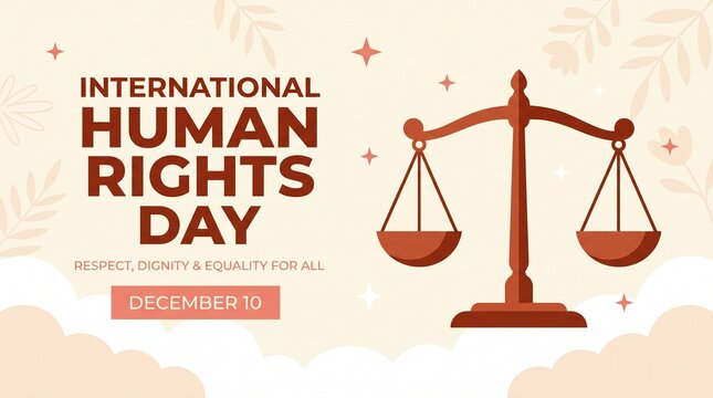 International human rights day scales of justice and text with clouds and leaves decoration on beige background, symbolizing respect dignity and equality for all.