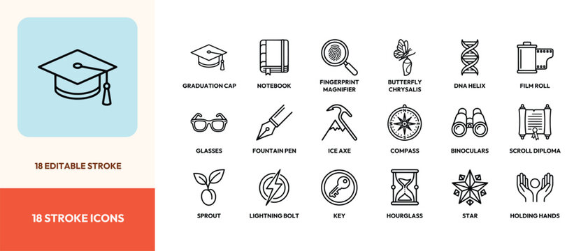 Set of eighteen simple black line art icons for education science and school projects
