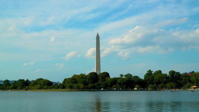 Epic Wide Slow Motion Shot Of Washington Monument Over Potomac River Under Fluffy Summer Clouds