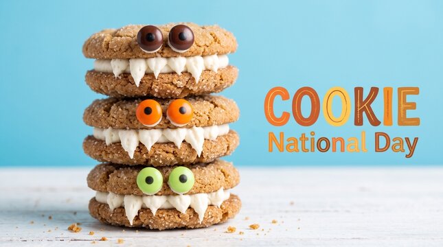 Funny monster cookies stacked high decorated with googly eyes and sharp white frosting teeth for national cookie day celebration.