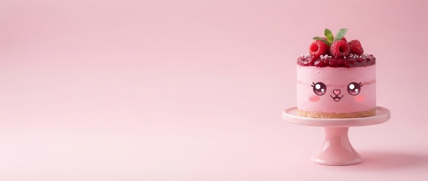 Cute pink cake with kawaii face and fresh raspberry on cake stand. Kawaii dessert character for birthday and Valentine day celebration. Sweet food concept with copy space.