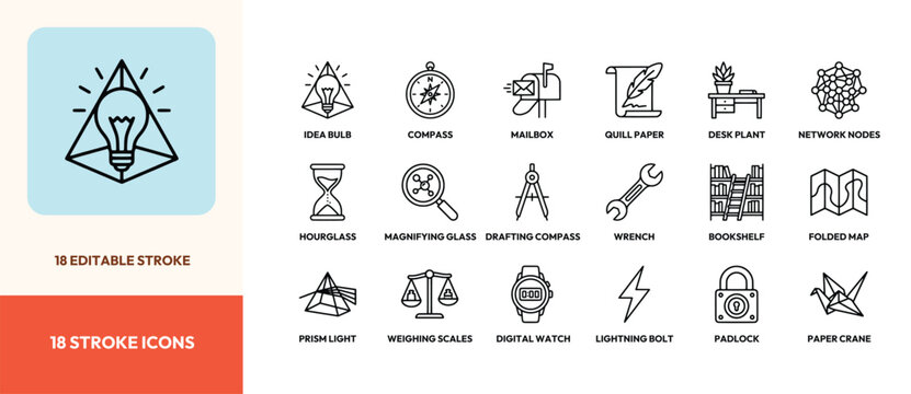 Set of eighteen business and education line icons with editable stroke for creative design projects