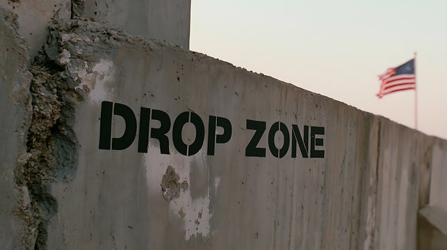A concrete wall features bold black stencil text reading drop zone with a national flag flutter in the background under clear evening sky