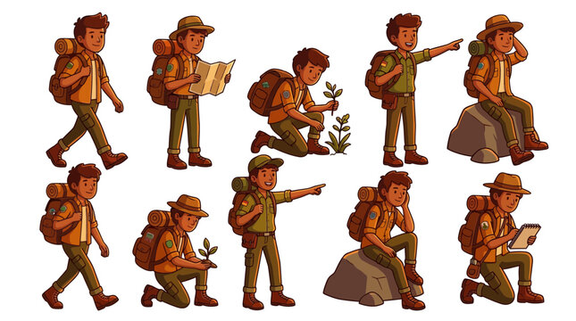 A collection of adventurous young scouts performing various outdoor tasks and hiking activities in the wilderness while wearing uniforms and carrying large camping equipment packs on their