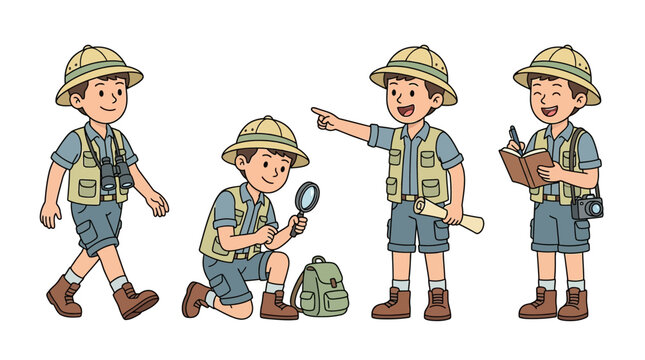 A group of happy young boys dressed in safari clothing actively explore the wild nature terrain while carrying binoculars and notebooks to document their exciting outdoor adventure journeys