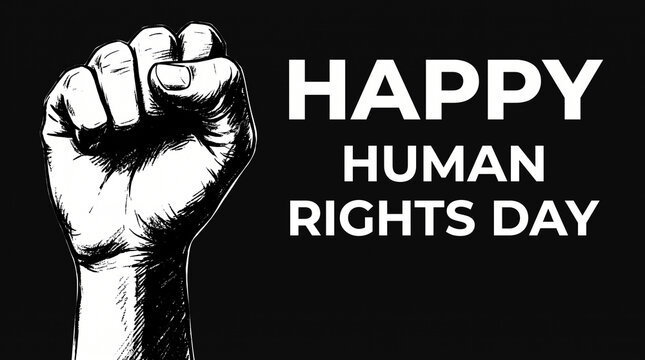 Happy human rights day banner showcasing detailed black and white sketch of clenched fist raised in solidarity on stark black background with bold text.