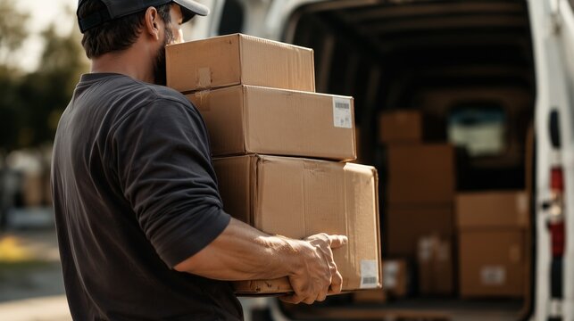 Delivery Man Carrying Stack Of Cardboard Boxes From White Delivery Van Concept Of Last Mile E Commerce Shipping And Logistics