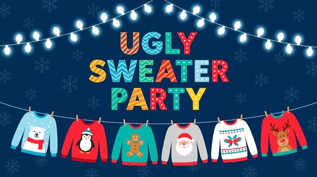 Vibrant ugly sweater party title typography design featuring hanging festive winter jumpers and glowing light bulbs against dark blue snowflake pattern background.