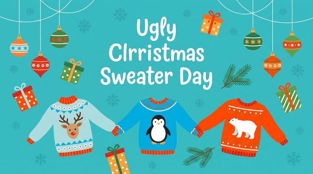 Whimsical ugly christmas sweater day greeting card with hanging reindeer penguin and polar bear jumpers on teal background with festive holiday ornament decor.
