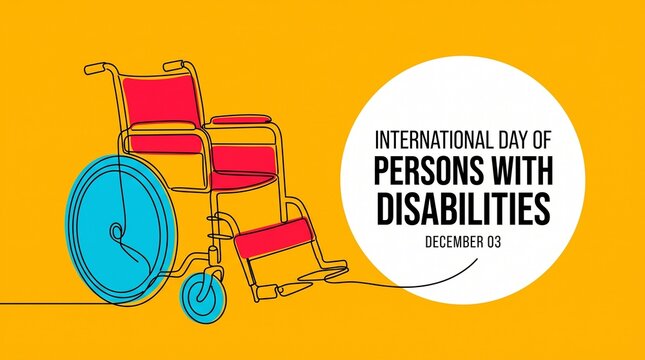 Minimalist continuous line art drawing of a wheelchair with red and blue accents against a bright yellow background depicting international day of disabled persons.