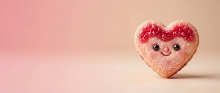 Cute heart shaped cookie with smiling face and raspberry jam on pink background. Kawaii food character for Valentine day and love concept. Sweet pastry dessert with copy space