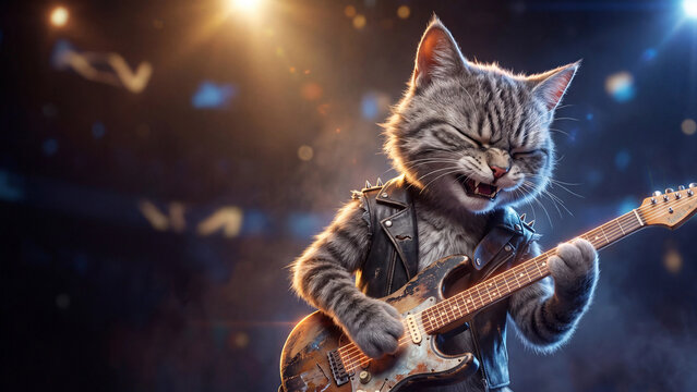 Cat wearing a leather jacket plays an electric guitar on a stage under bright spotlights at a concert.