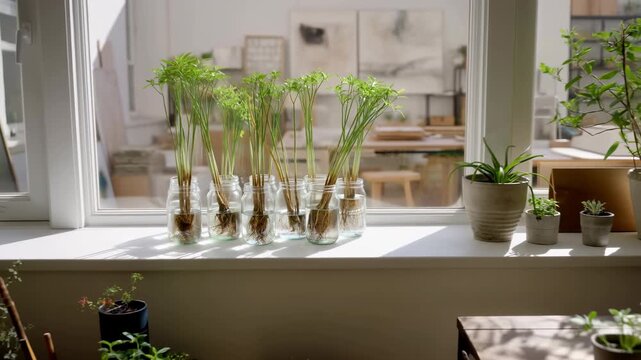 Young green seedlings stand in clear water-filled jars on bright windowsill as camera slowly pulls back, revealing exposed roots, neighboring potted plants, and sunlit indoor workspace