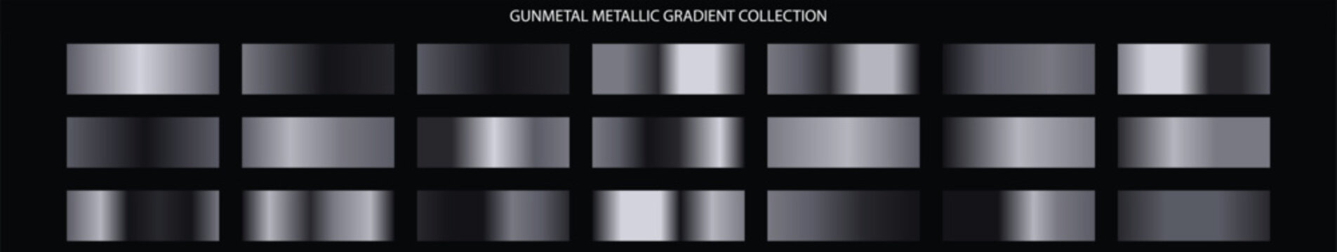 Gunmetal metallic gradient collection with 21 vector swatches, dark steel and iron texture palettes, industrial chrome and charcoal grey metal finishes for graphic design.