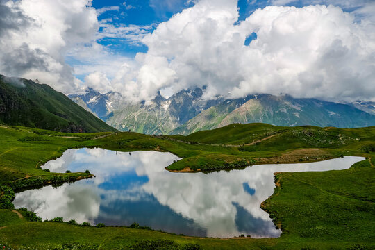 Scenic summer landscape of Koruldi mountain lake, Caucasus Mountains, Georgia, Svaneti	