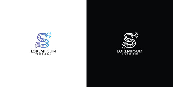 Letter S technology circuit board logo design vector template with abstract digital network elements and futuristic concept for IT company