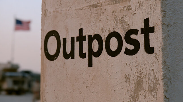 A stark white concrete wall with the black text outpost printed clearly, standing proudly under a bright sky with a distant flag waving gently