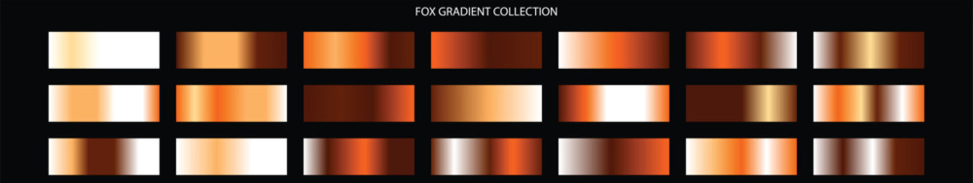 Fox gradient collection of 21 metallic swatches, copper and bronze vector color palettes, warm orange and brown metallic textures for luxury branding and graphic design elements