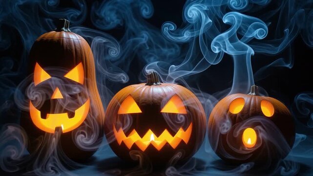 A seamless pattern three carved jackolanterns with blue smoke