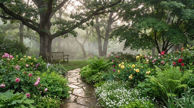 Serene stone path winds through a lush misty garden featuring blooming roses and tall oak trees