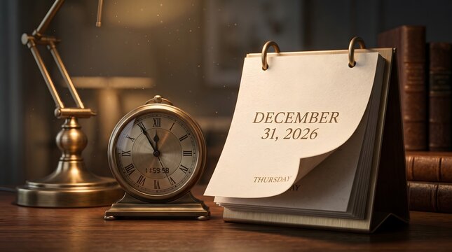 Desk calendar showing December 31st and vintage clock on a wooden table at night.