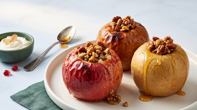 Baked apples with nuts and caramel sauce on a white plate  