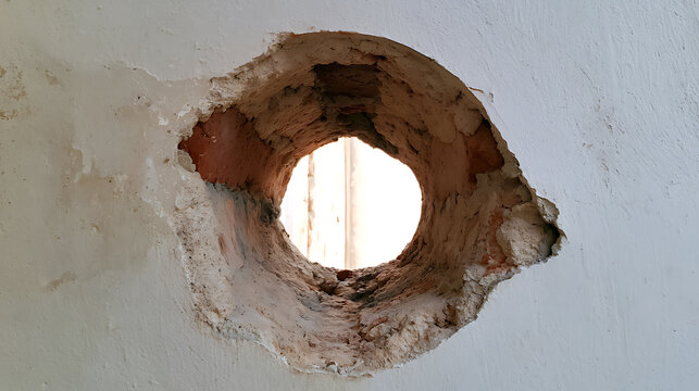 A circular hole drilled through a thick plaster and red brick wall revealing bright light and view from the other side in an interior space