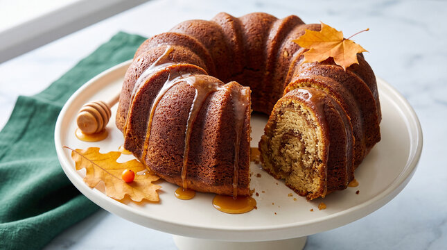Bundt cake with cinnamon filling and fall leaves on a plate  