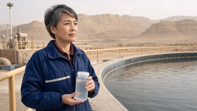 Asian female engineer holding water sample at treatment plant in arid landscape. Middle aged woman in blue uniform monitoring water quality at industrial reservoir