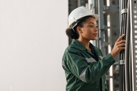 Young Black female industrial worker inspecting electrical cables. Woman engineer in green uniform and white hard hat. Copy space